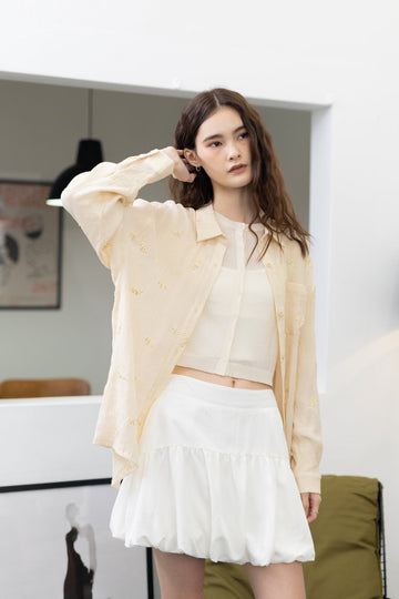Caulie Floral Embroidery Sheer Shirt (Beige)