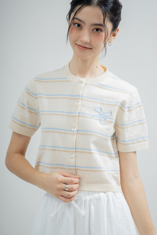 LULU Bow Button Striped Knit Top (Beige Stripes)
