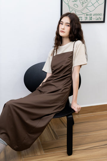 Ribbon Strap Side-Cinch Dress (Brown)