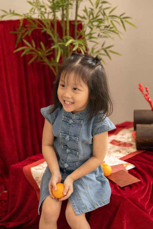 Denim Knot Down Cheongsam Girl Dress (Washed Denim)