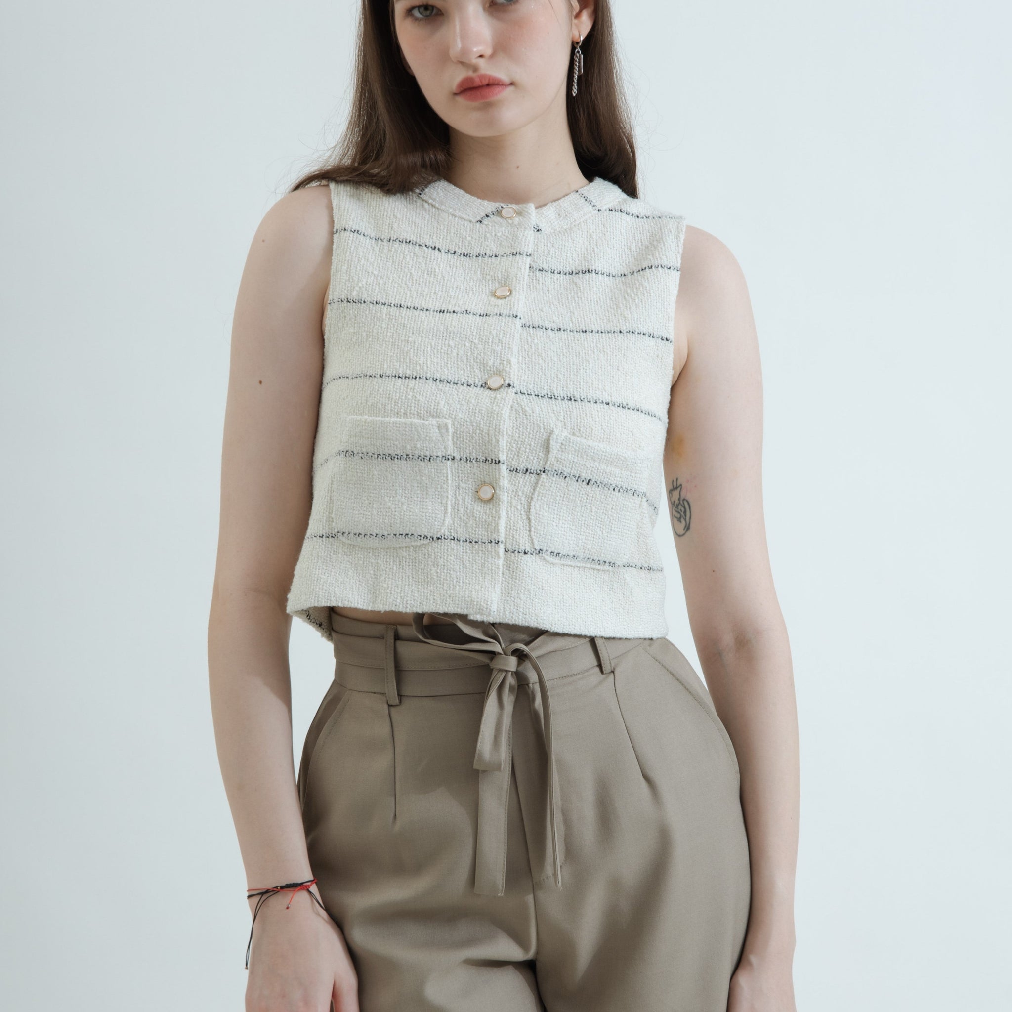 Sleeveless Striped Pocket Crop Top (Striped)
