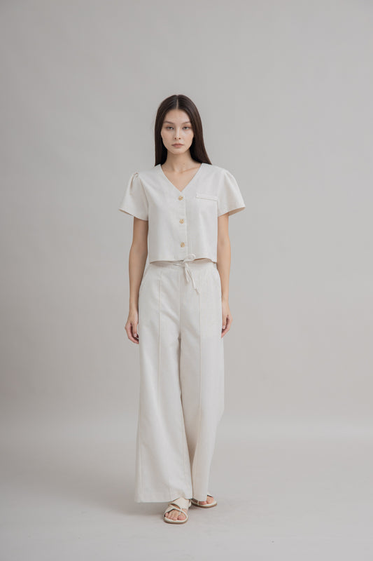 Linen Blend Back Elastic Pants (Bone)