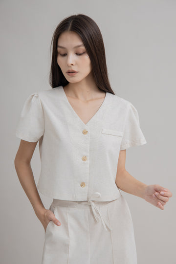 Rhea V-Neck Short Sleeve Top (Bone)