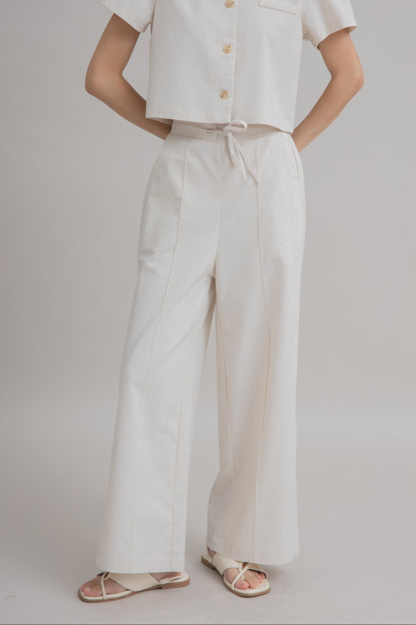 Linen Blend Back Elastic Pants (Bone)