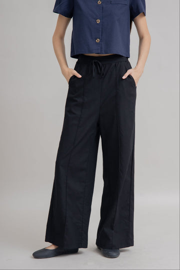 Linen Blend Back Elastic Pants (Black)