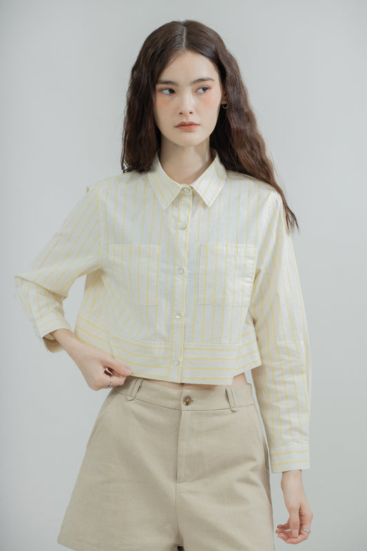 Lana Stripes Pockets Crop Shirt (Yellow Stripes)