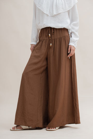 Breezy Tiered Wide Leg Drawstring Pants (Brown)