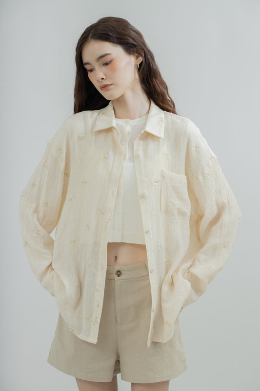Caulie Floral Embroidery Sheer Shirt (Beige)