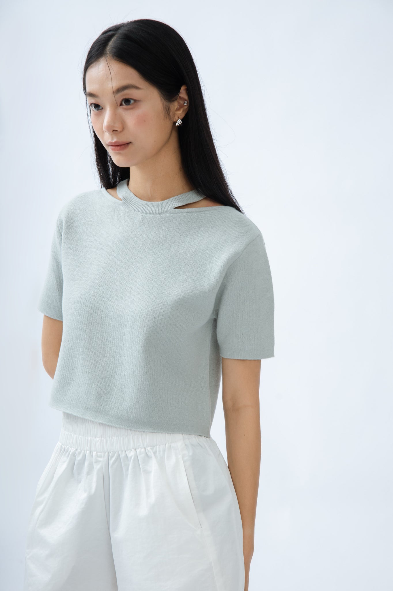 Open Cut Knit Top (Pale Blue)