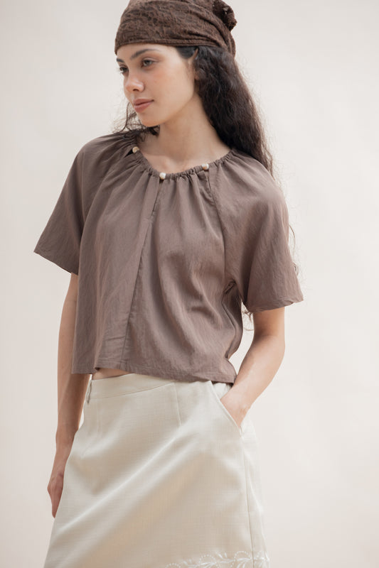 Beaded Neckline Keyhole Blouse (Brown)
