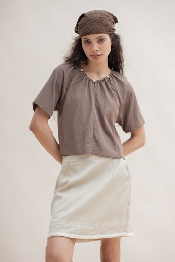 Beaded Neckline Keyhole Blouse (Brown)