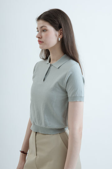 Eco Short Sleeve Collared Knit Top (Light Grey)