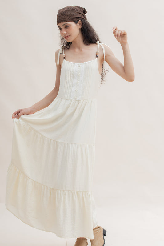 Beaded Straps Tiered Maxi Dress (Beige)