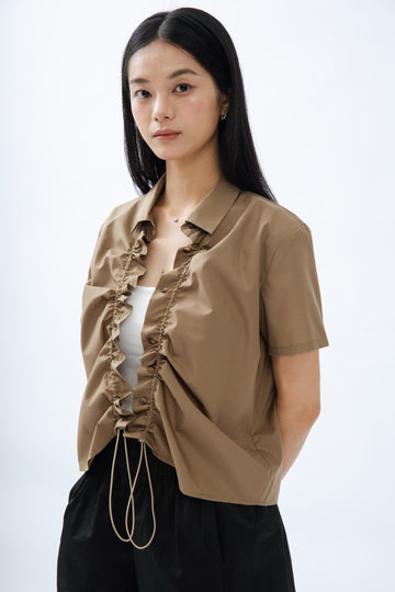 Drawstring Front Placket Top (Khaki)