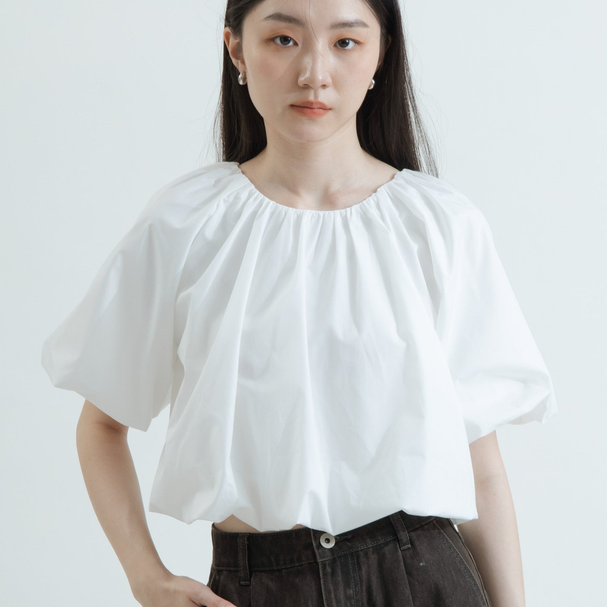Two Way Pleated Balloon Sleeve Blouse (White)