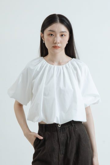 Two Way Pleated Balloon Sleeve Blouse (White)