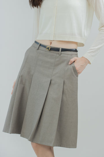 Elodie Pleated Knee Line Skirt (Khaki Grey)