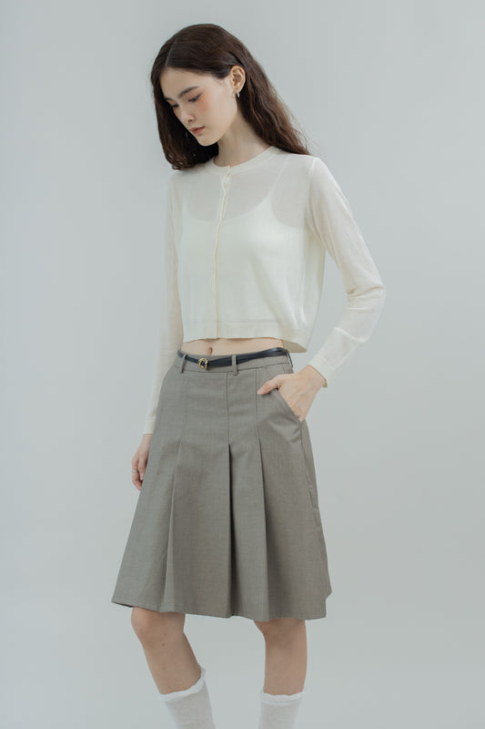 Elodie Pleated Knee Line Skirt (Khaki Grey)