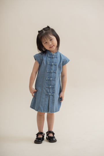 Denim Knot Down Cheongsam Girl Dress (Washed Denim)