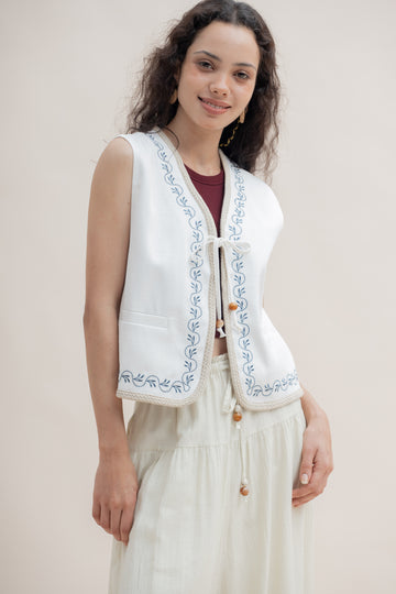 Folklore Double-Tie Embroidery Vest (Ivory)