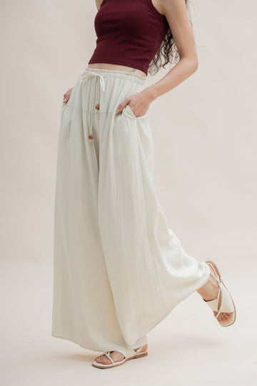 Breezy Tiered Wide Leg Drawstring Pants (Bone)