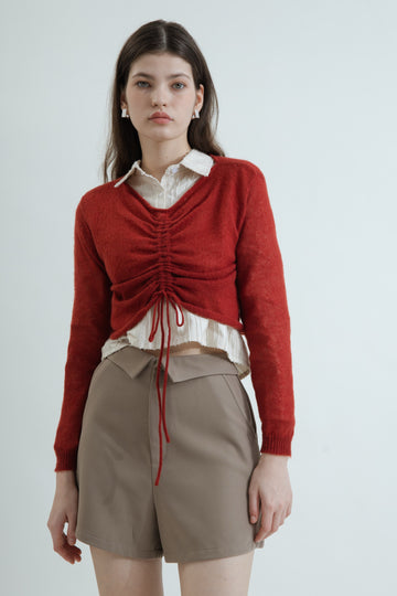 Layla Drawstring Long Sleeve Knit Top (Red)