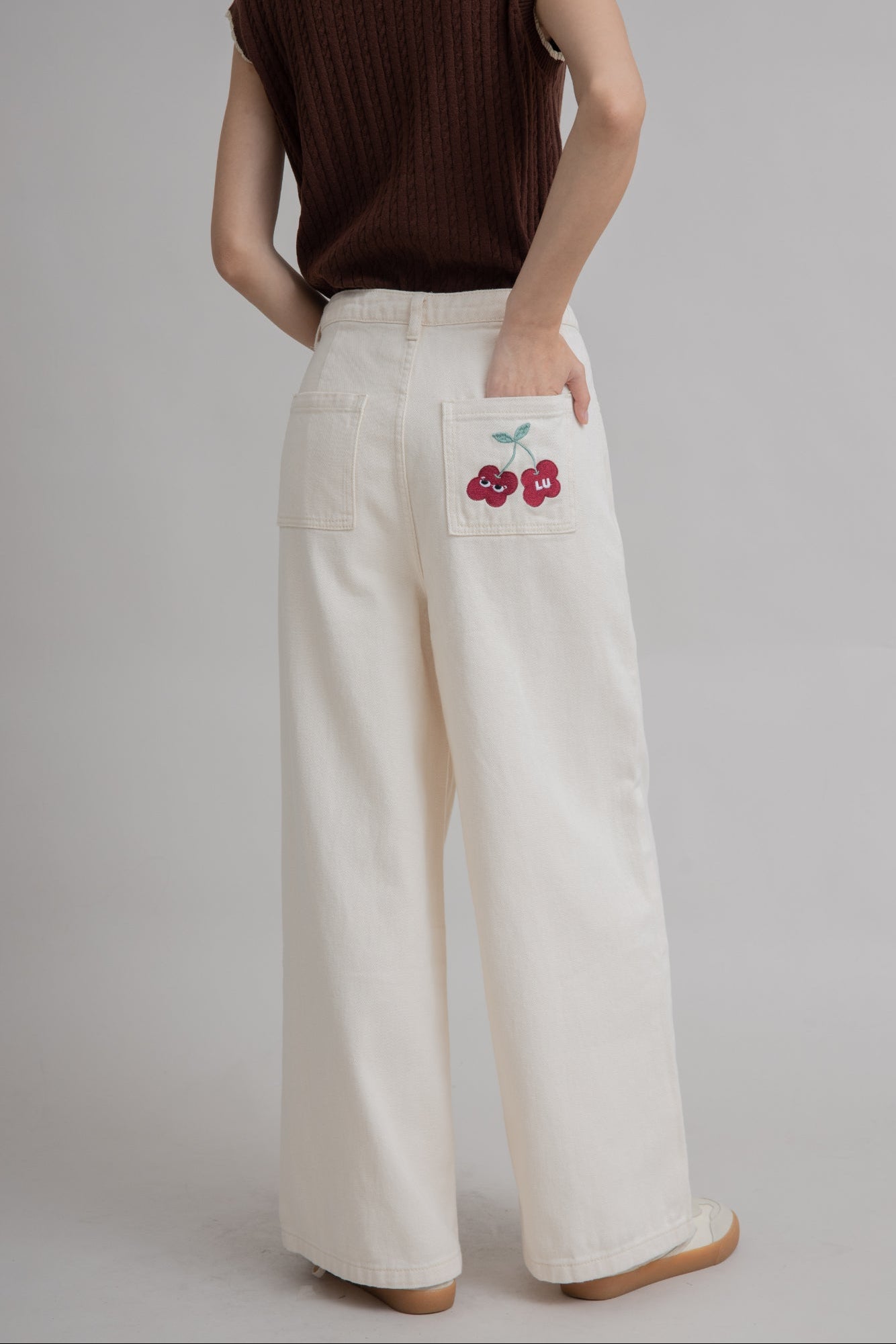 LULU Cherry Embroidery Wide Leg Pants (Beige)