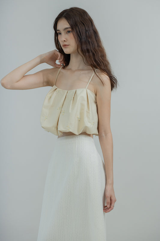 Caulie Floral Embroidery Puffy Spaghetti Top (Yellow)