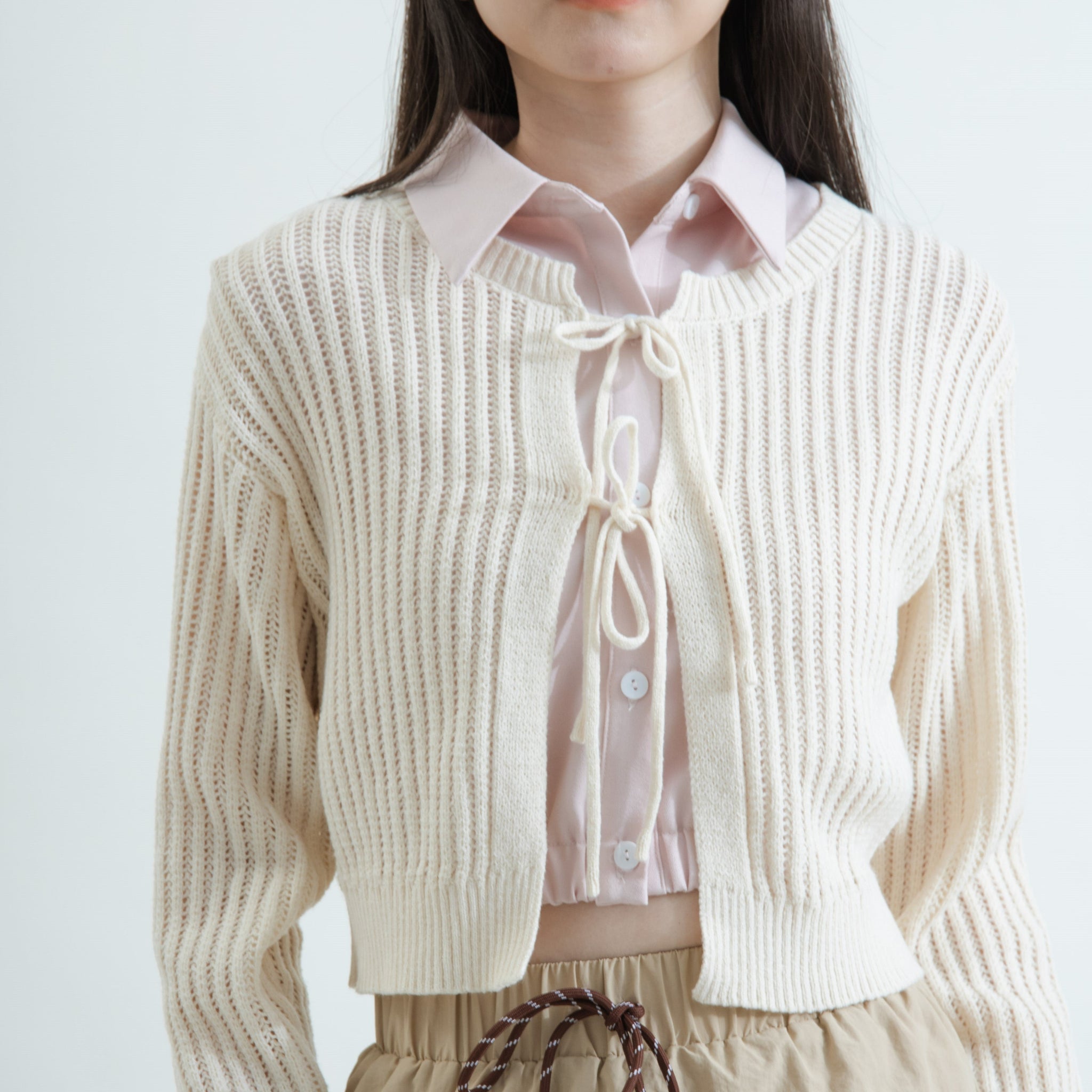Eco Hollow Front-Tie Knit Cardigan (Beige)