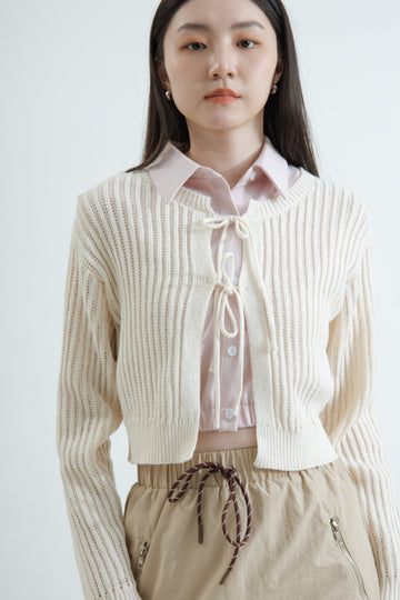 Eco Hollow Front-Tie Knit Cardigan (Beige)
