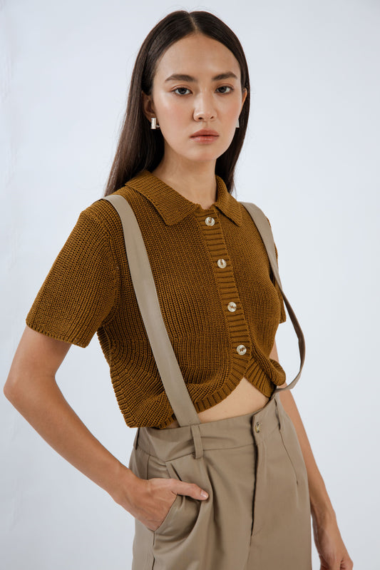 Curvy Hem Button Knit Top (Olive Brown)