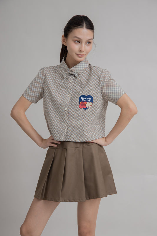 LULU Ribbon Plaid Short Sleeve Blouse (Light Brown Plaid)