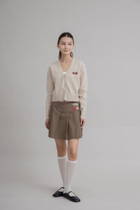 LULU Ribbon-Tie Cherry Knit Cardigan (Milky Beige)
