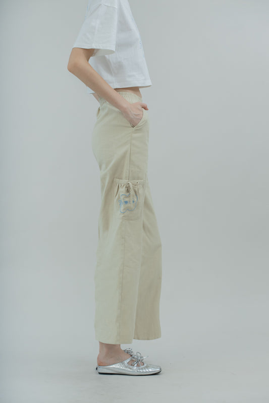 LULU & FRIENDS Embroidery Pockets Elastic Pants (Beige)