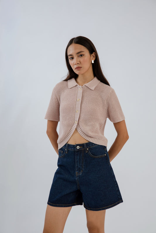 Curvy Hem Button Knit Top (Pink)