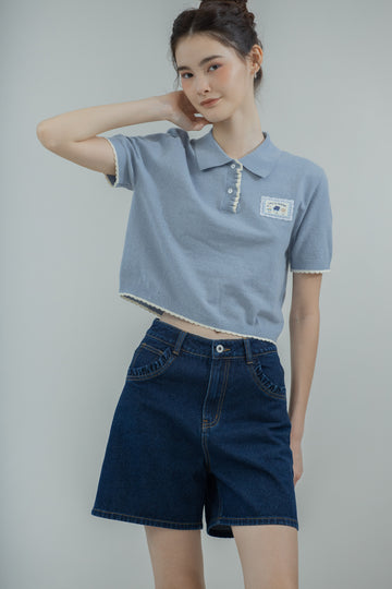 LULU & FRIENDS Ruffled Placket Knit Polo (Blue)