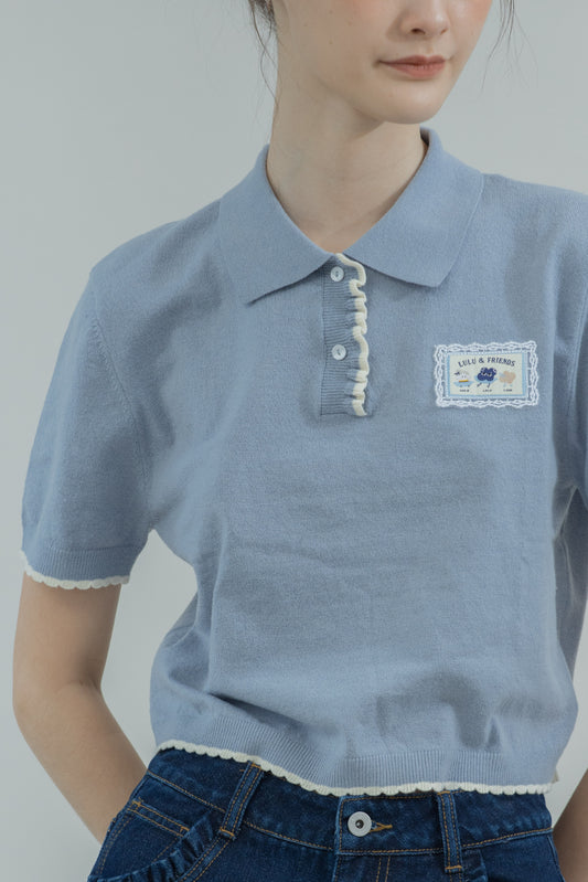 LULU & FRIENDS Ruffled Placket Knit Polo (Blue)