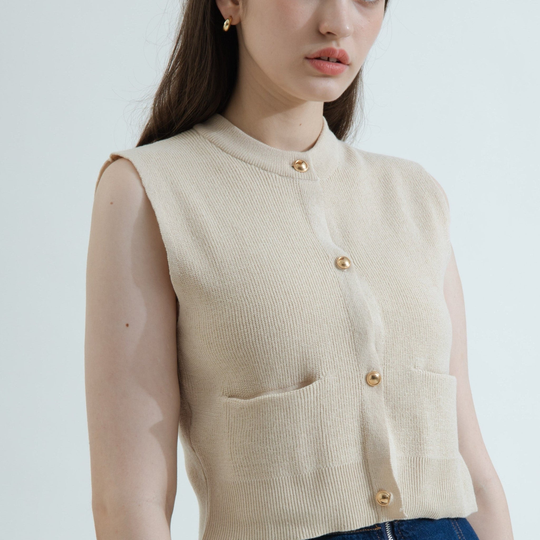Eco Pocket Round Neck Knit Top (Beige)