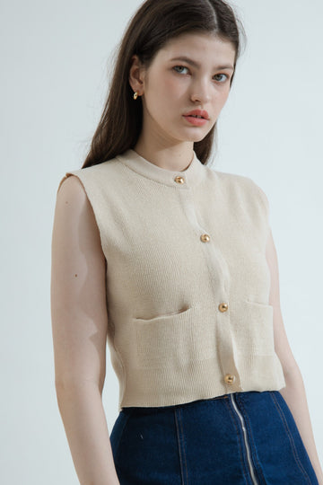Eco Pocket Round Neck Knit Top (Beige)