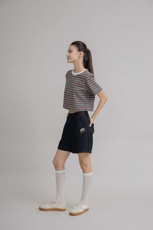 LULU Embroidery Stripes Crop Tee (Brown Stripes)