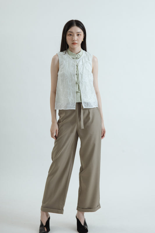 Sheer Layered Embroidery Cheongsam Top (Pastel Green)