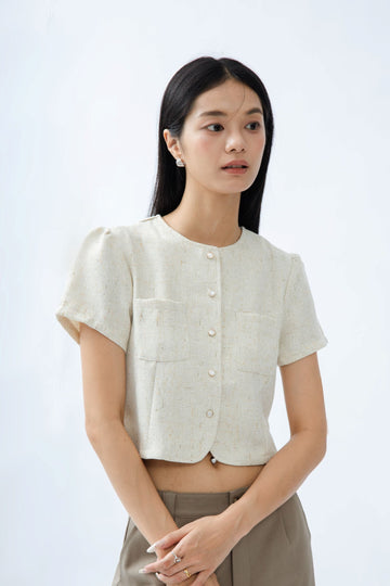 Tweed Double Pocket Short Sleeve Top (Beige Mix)
