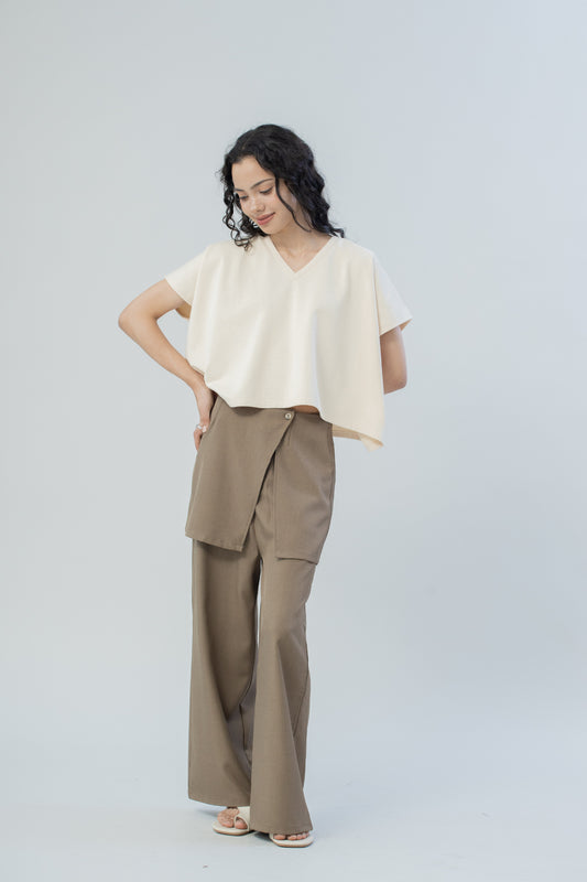 V-Neck Cotton Boxy Top (Beige)