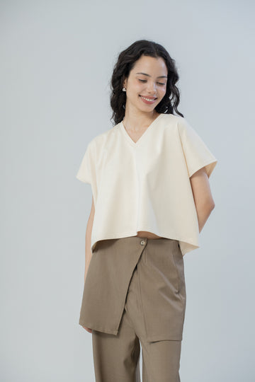 V-Neck Cotton Boxy Top (Beige)