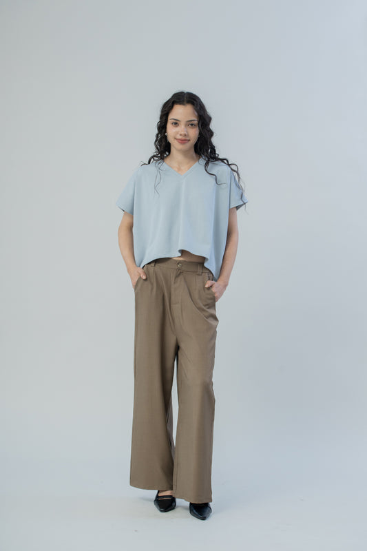 V-Neck Cotton Boxy Top (Blue)