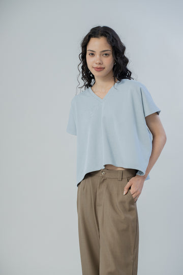 V-Neck Cotton Boxy Top (Blue)