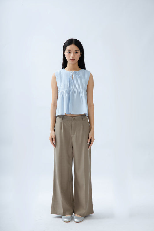 Sleeveless Pintuck Front-Tie Top (Light Blue)