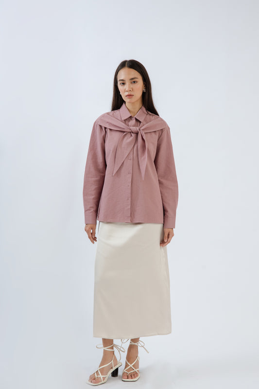 Front-Tie Collared Long Sleeve Blouse (Dusty Rose)