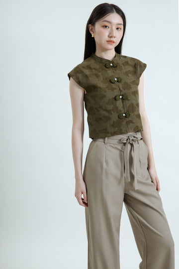 Sleeveless Bloom-Button Cheongsam Top (Dark Green)