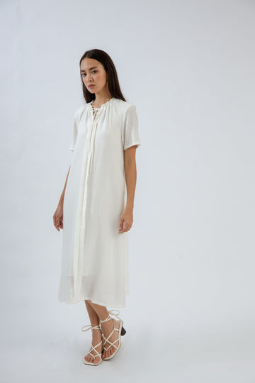 Gathered Neckline Short Sleeve Dress (Ivory)